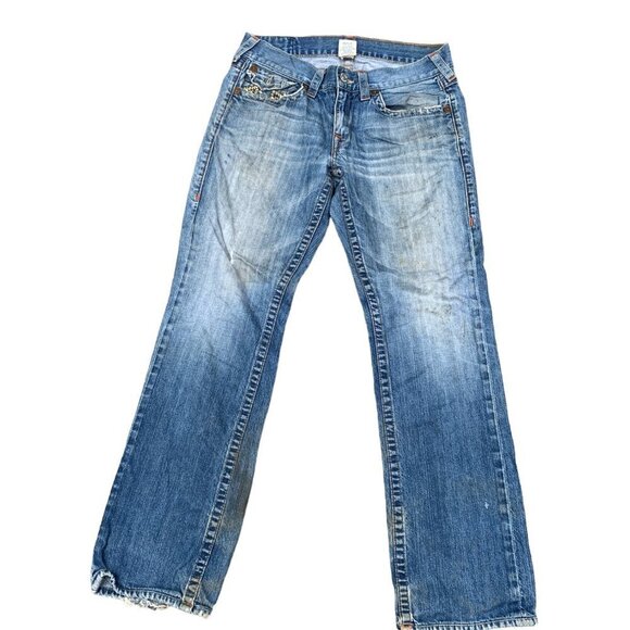 VINTAGE True Religion Jeans Size 32 STRAIGHT Trashed Rope Stitch Horseshoe - Picture 8 of 9